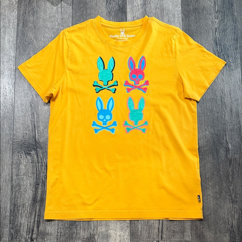 Psycho Bunny Yellow Short Sleeve Tee with Blue and Teal Bunny Skull Graphics
